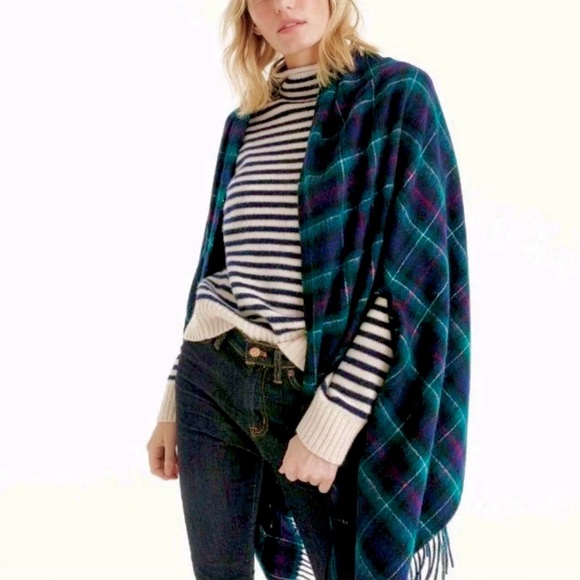 J. Crew Navy Tartan Oversized Cape Scarf - Picture 2 of 7